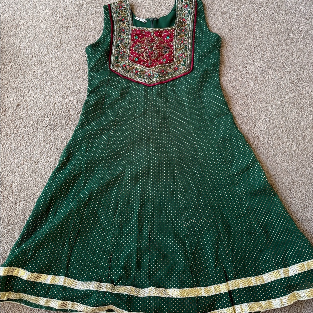 Embroidered Green Dress with Red Accents